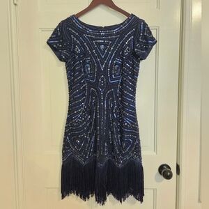 Aidan by Aidan Mattox Navy Sequin and Fringe Cocktail Mini Dress Size 4